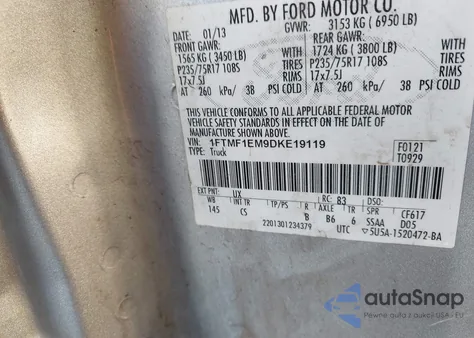 2013 Ford F-150 Xl из США, поврежденный, VIN 1FTMF1EM9DKE19119